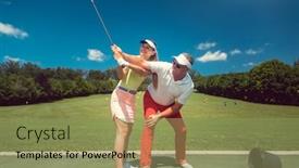 Presentation with golf driving range - Presentation theme featuring golf-pro-teaching-a-woman background and a seafoam green colored foreground