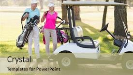  Presentation with happy birthday gold - Slide deck consisting of golfer couple by golf buggy background and a mint green colored foreground