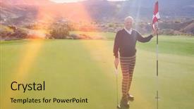  Presentation with full length portrait two men women brown sweater - Colorful slides enhanced with golfer holding flag and putter backdrop and a yellow colored foreground