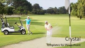 Presentation with golf course - Slide set consisting of golfer playing on sand trap background and a yellow colored foreground