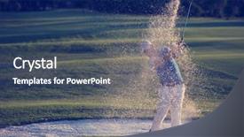  Presentation with course - Colorful presentation design enhanced with golfer shot ball from sand bunker at golf course with beautiful sunset in background backdrop and a ocean colored foreground