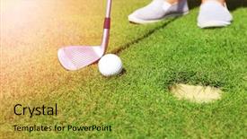  Presentation with golf ball on tee - Beautiful PPT layouts featuring golfer with club rolls up backdrop and a gold colored foreground