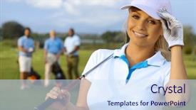  Presentation with portrait of excited overjoyed female - Audience pleasing theme consisting of golfers - closeup portrait of attractive female backdrop and a sky blue colored foreground