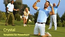  Presentation with kneeling - Audience pleasing slides consisting of golfers - happy golfer kneeling at hole backdrop and a tawny brown colored foreground