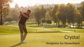  Presentation with golf course - PPT theme enhanced with golfers - male golfer lining up tee background and a yellow colored foreground