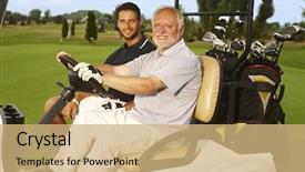  Presentation with golf - PPT theme with golfers sitting in golf car background and a coral colored foreground