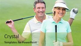  Presentation with camera - Beautiful PPT theme featuring golfing couple smiling at camera backdrop and a yellow colored foreground
