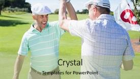  Presentation with friends - Presentation design enhanced with golfing-friends-high-fiving background and a mint green colored foreground