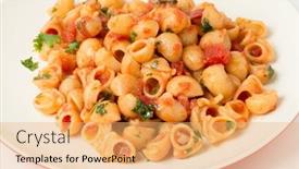  Presentation with shells - Slide set having gomiti elbow pasta shells tossed in arrabbiata tomato garlic and chili sauce and served with chopped parsley background and a yellow colored foreground