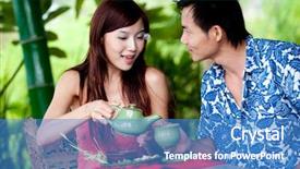  Presentation with afternoon tea - Presentation consisting of good afternoon - young chinese couple drinking tea background and a teal colored foreground