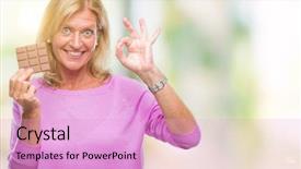  Presentation with snicker chocolate bar - Colorful PPT theme enhanced with good bars - middle age blonde woman eating backdrop and a  colored foreground