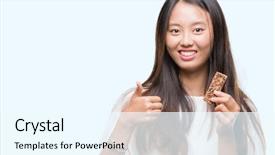  Presentation with snicker chocolate bar - Slide deck consisting of good bars - young asian woman eating chocolate background and a  colored foreground