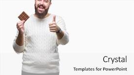  Presentation with bar pieces dark chocolate - Cool new presentation design with good bars - young hipster man eating chocolate backdrop and a  colored foreground