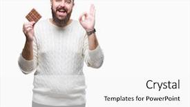  Presentation with chocolate - Slide deck having good bars - young hipster man eating chocolate background and a  colored foreground