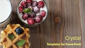  Presentation with granola - Presentation design having good breakfast belgian waffles with blueberries a glass of milk and granola with raspberries over wooden table background and a tawny brown colored foreground