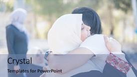  Presentation with muslim feminism - Colorful slide deck enhanced with good bye - muslim young man hugging his backdrop and a teal colored foreground