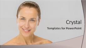  Presentation with aged - Amazing presentation having good character - beautiful smiling middle aged woman backdrop and a light gray colored foreground