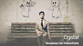  Presentation with devil angel - PPT theme featuring good evil - businessman sitting on a bench background and a gray colored foreground