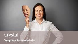  Presentation with mask - Audience pleasing presentation consisting of good evil - smiley woman holding mad mask backdrop and a gray colored foreground