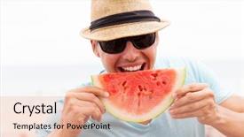  Presentation with summer holiday move - Presentation theme with good food - handsome young man eating watermelon background and a coral colored foreground