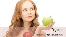  Presentation with green red bank - Colorful theme enhanced with good food - picture of young beautiful woman backdrop and a  colored foreground