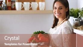  Presentation with young business woman smile show - Cool new PPT layouts with good food - smiling young woman holding vegetables backdrop and a  colored foreground