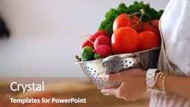  Presentation with vegetables - Presentation design enhanced with good food - smiling young woman holding vegetables background and a  colored foreground