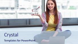  Presentation with online grocery shopping - Beautiful PPT theme featuring good friday service - young girl in online shopping backdrop and a sky blue colored foreground