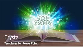  Presentation with good - Slide deck enhanced with good grades inscription coming out from an open book educational concept background and a tawny brown colored foreground