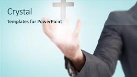  Presentation with blue - Slide set enhanced with good graphics presentation - businessman presenting with his hands background and a  colored foreground