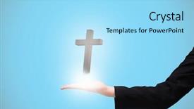  Presentation with white pigeon against the blue - Audience pleasing theme consisting of good graphics presentation - businesswomans hand presenting against blue backdrop and a  colored foreground