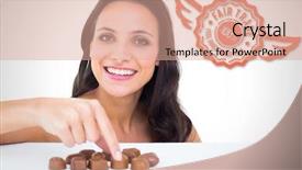  Presentation with white chocolate - Slide set featuring good graphics presentation - pretty brunette picking out chocolate background and a  colored foreground
