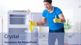  Presentation with fridge - PPT layouts having good hygeine - man cleaning fridge in hygiene background and a light blue colored foreground