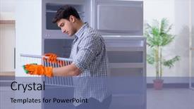  Presentation with fridge - Presentation design enhanced with good hygeine - man cleaning fridge in hygiene background and a ocean colored foreground