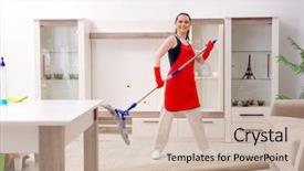  Presentation with apartment - Slides with good hygeine - young beautiful woman cleaning apartment background and a soft green colored foreground