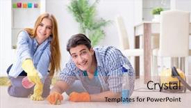 Presentation with good - Presentation theme consisting of good hygeine - young family cleaning the house background and a coral colored foreground