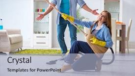  Presentation with cleaning - Colorful presentation enhanced with good hygeine - young family cleaning the house backdrop and a light blue colored foreground