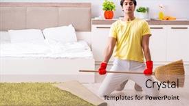  Presentation with cleaning detergents - Presentation featuring good hygeine - young handsome man cleaning background and a soft green colored foreground