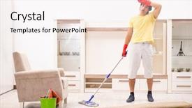  Presentation with man lust - Slide set enhanced with good hygeine - young handsome man doing housework background and a sky blue colored foreground