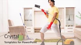  Presentation with young man on the phone - Presentation theme having good hygeine - young handsome man doing housework background and a lemonade colored foreground