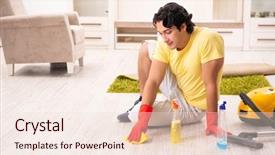  Presentation with young man wearing a hat - Presentation theme with good hygeine - young handsome man doing housework background and a lemonade colored foreground