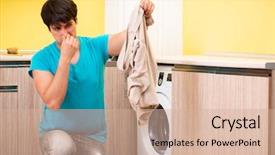  Presentation with laundry service - Beautiful slides featuring good hygeine - young husband man doing laundry backdrop and a soft green colored foreground