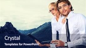  Presentation with mountain top - PPT theme featuring couple of business people standing on the top of a mountain with a laptop background and a navy blue colored foreground