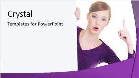  Presentation with forefinger - Audience pleasing PPT theme consisting of pretty young woman look backdrop and a sky blue colored foreground