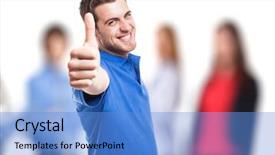  Presentation with job - Presentation consisting of good job - handsome young man doing thumbs background and a light blue colored foreground