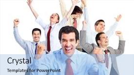  Presentation with job - Slide deck featuring good job - happy business people team isolated background and a light blue colored foreground