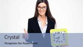  Presentation with clock - Slides featuring good job - smiling businesswoman holding clock background and a teal colored foreground