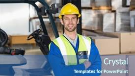  Presentation with hard job - Theme with good job - worker wearing hard hat background and a ocean colored foreground