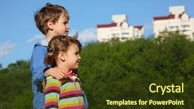  Presentation with trees - Colorful presentation theme enhanced with good life - two children trees and houses backdrop and a tawny brown colored foreground
