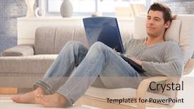  Presentation with computer room - Presentation theme enhanced with good looking - goodlooking young man relaxing background and a coral colored foreground